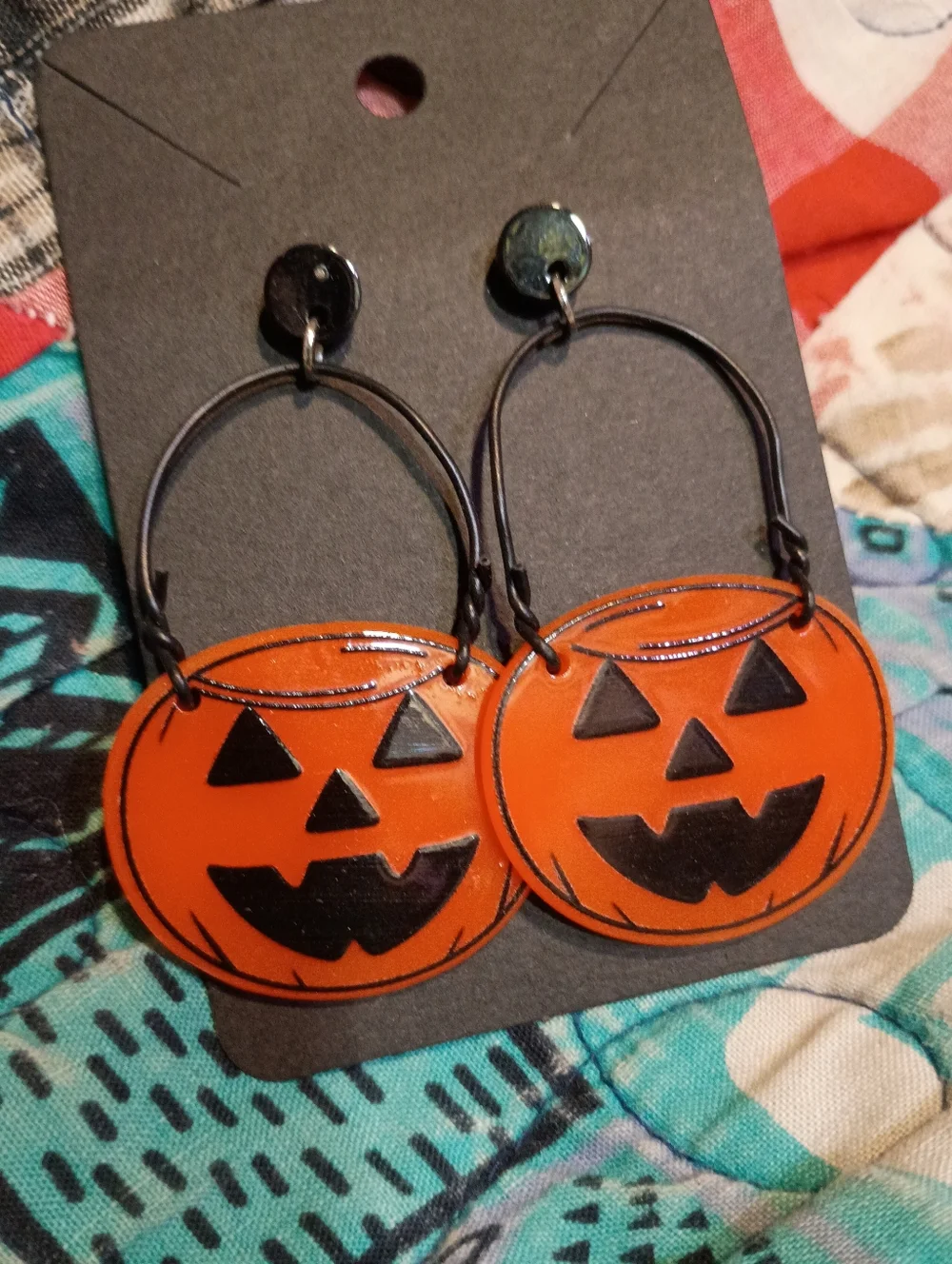 Halloween Pumpkin Jack-O'-Lantern Pail Earrings Bendable Handles Double Sided